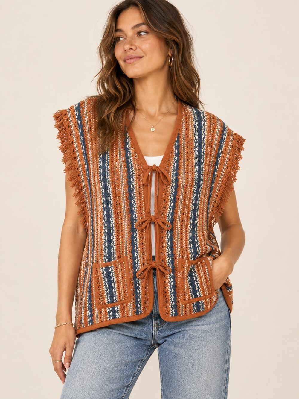 Pilcro Women's SZ L Striped Cardigan Sweater Vest Front Ties Pockets Fringe BOHO